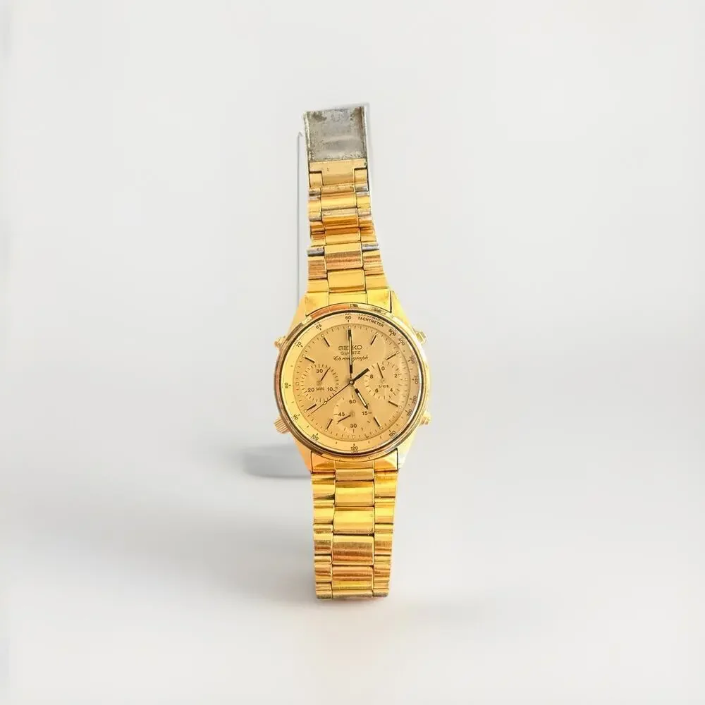 SEIKO Chronograph 7A28-7029 Gold Quartz 36mm Men's Watch 1984 CC